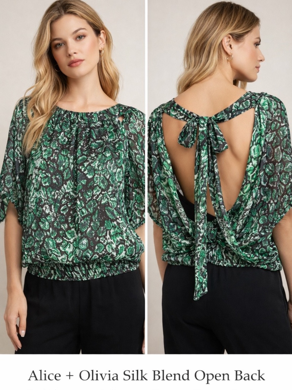 Alice + Olivia Silk Blend Open Back Tie Top Green Sheer Print Sz L NWOT